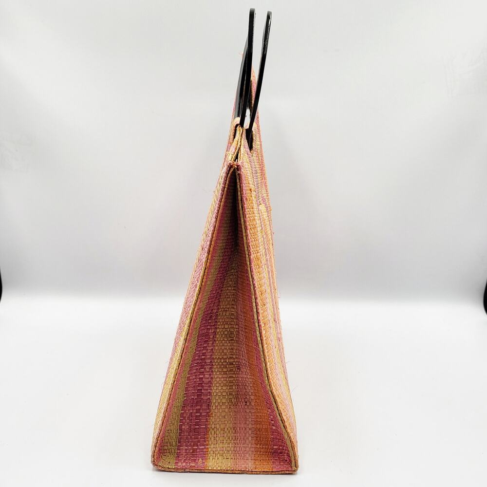 Geometric Rainbow Structured Striped Handbag Tote Bag with Wooden Handles - Picture 3 of 12